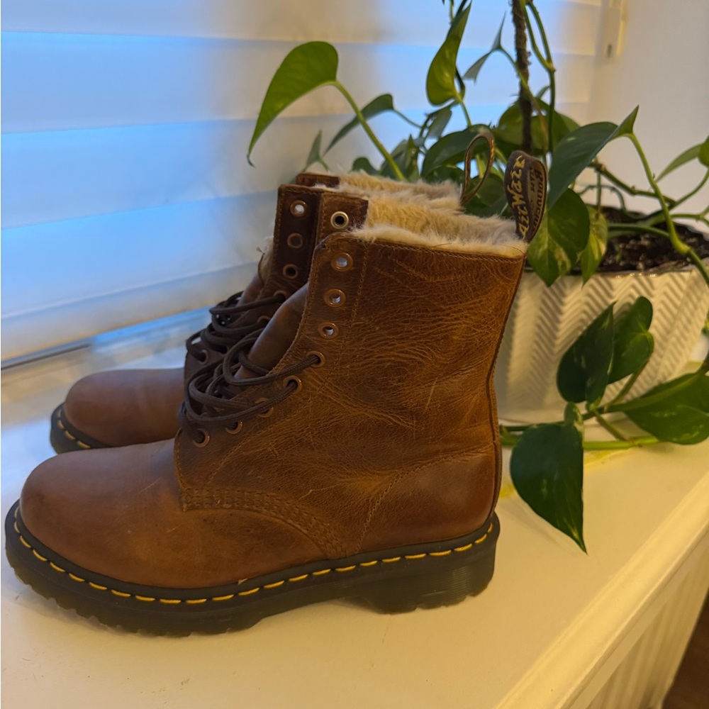 Dr. Martens Tan Leather Boots with Faux Fur Lining